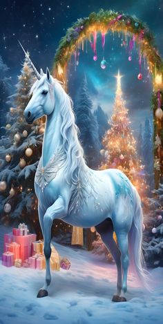 a white unicorn standing in front of a christmas tree