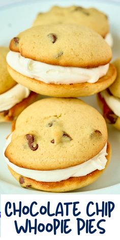 chocolate chip whoopie pies are stacked on top of each other with white frosting