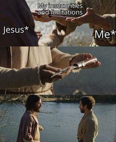 the bible has two pictures of jesus handing bread to another man who is holding something in his hand