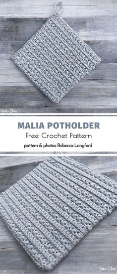 the crochet potholder pattern is shown in two different sizes, and it has three