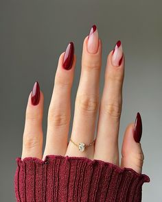 Maroon And Cream Nails, Red Acrylics Nails, Red Nails Elegant Classy, Korean Nails Almond Shape, Partial French Tip Nails, Red Nail Gel Design, Red Almond Shaped Nails Design, Chianti Nails, Nails Acrylic Simple Designs