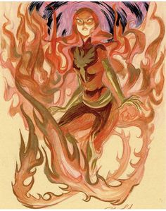 a drawing of a woman with red hair and an umbrella over her head, surrounded by flames