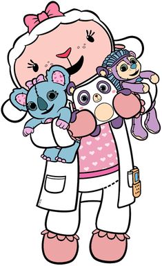 an image of a cartoon character holding two stuffed animals in her arms and smiling at the camera