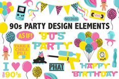 90's party design elements are available for use on birthday cards, banners, and more