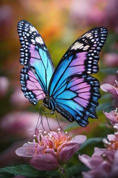 a blue butterfly sitting on top of pink flowers