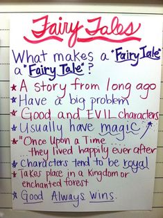 a white board with writing on it that says fairy tales what makes a fairy tale?