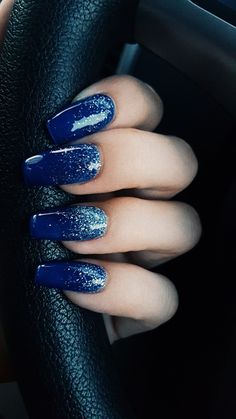 Navy Blue Acrylic Nails, Navy And Silver Nails, Blue Prom Nails, Blue And Silver Nails, Blue Gel Nails, Royal Blue Nails, Dark Blue Nails, Navy Nails, Blue Glitter Nails