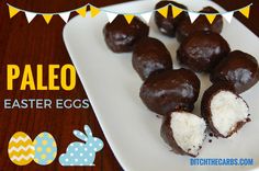 chocolate covered eggs on a white plate with bundts