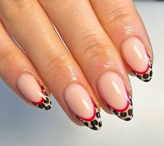 Short Almond Biab Nails, Almond French Tip Nails Ideas, Basic Design Nails, Nails Cheetah Print, Red Leopard French Tip Nails, Red Trendy Nails, Lepord Print French Tip Acrylics, Cheetah Nails With Cherries, Cheetah Print Nails Fall Orange