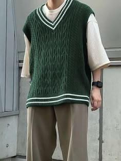 Men Striped Trim Cable Knit Sweater Vest | SHEIN USA Male Sweater Vest Outfit, Baggy Sweater Vest Outfit, Baggy Vest Outfit, Male Vest Outfit, Baggy Style Boys, Knitted Vest Outfit Men, Sweater Vest Outfit Mens, Vest Outfits Men, Green Sweater Vest