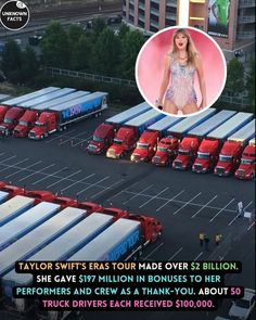 taylor swift's tour made over $ 32 billion she gave $ 17 million in dollars to help performers and crew as a thank you about 50 trucks