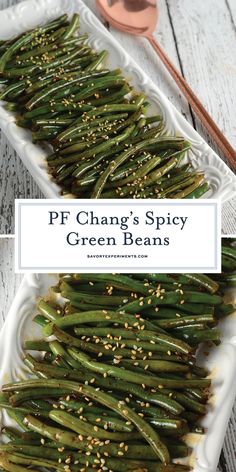 green beans with sesame seeds and seasoning in a white dish on a wooden table