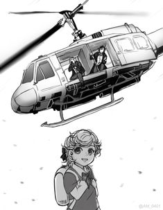 a drawing of a helicopter flying over a girl