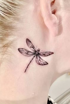 Dragonfly Tattoo Black And White, Dragonfly Tattoo Black, Dragonfly Tattoo Behind Ear, Tacky Tattoos, Badger Tattoo, Small Dragonfly Tattoo, Dragonfly Tattoos, Small Neck Tattoos, Tattoo Black And White