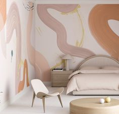 a bedroom decorated in pastel colors and modern furniture