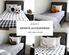 three beds with sports themed sheets and pillows on them, one is black and white