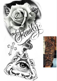 a collage of tattoos with an eye and cross