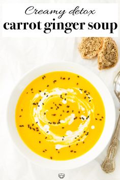 This bright, vibrantly spiced creamy carrot and ginger soup is a delicious and light meal. Not only is this plant-based and vegan soup satisfying and nourishing, but it is easy to digest and uses amazing anti-inflammatory and detox ingredients. A bowl of golden goodness, budget-friendly, super healthy and ready in 30 minutes. #veganrecipes #detoxsoup #lowcarbrecipes Soup With Turmeric, Carrot And Ginger Soup, Carrot Ginger Soup Recipe, Soup With Coconut Milk, Soup Chili, Coconut Milk Soup, Carrot Ginger Soup, Ginger Soup, Vegan Soup Recipes