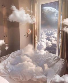 there is a bed with white sheets and clouds floating in the air next to an open window