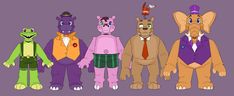 five cartoon characters are standing together in different colors and sizes, one is wearing an elephant suit