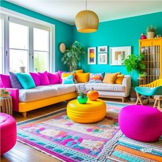 a brightly colored living room with colorful furniture