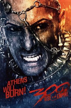 the movie poster for 300 rise of an empire, featuring a man with chains on his head