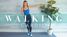 a woman standing next to a potted plant with the words walking cardio