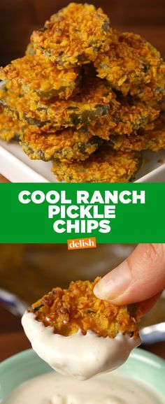 a person dipping some food into a bowl with ranch dips on it and the words cool ranch pickle chips