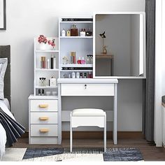 Quality and DurableLarge Mirror and 3 color lighting optionsMultiple Storege SpaceStylish and Elegant Design Latitude Run® | Latitude Run® Fashion Vanity Desk w / Mirror & Lights for Makeup & Chair, 4 Drawers Color in White | 53.15" H X 15.35" W X 35.43" D | Wayfair Vanity Desk With Mirror, Makeup Brown, Desk With Mirror, Bedroom Makeup Vanity, Stable Design, Mirror Lights, Makeup Chair, Mirrored Vanity Desk, Stables Design