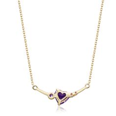 This exquisite necklace, meticulously fashioned from 10K yellow gold, showcases a heart-shaped, brilliant cut natural amethyst, 6MMx6MM, at its heart. Complementing its allure are a captivating, round, brilliant-cut purple sapphire, 2MM in size, and two sparkling round brilliant-cut diamonds, adding to its undeniable charm. | Heart-Shaped Amethyst, Purple Sapphire and Diamond Accent Necklace | 10K Yellow Gold | Size 18" | Helzberg Diamonds Formal Purple Necklace For Valentine's Day, Purple Heart Pendant Necklace For Formal Occasions, Elegant Purple Heart Cut Necklace, Elegant Amethyst Necklaces For Valentine's Day, Yellow Gold Amethyst Heart Cut Jewelry, Formal Purple Heart Pendant Necklace, Fine Jewelry Heart-shaped Amethyst, Heart-shaped Amethyst Yellow Gold Jewelry, Heart-shaped Yellow Gold Amethyst Jewelry