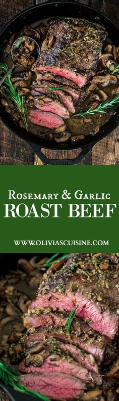 roast beef with rosemary and garlic in a cast iron skillet