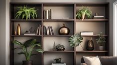 a living room filled with lots of bookshelves covered in plants and potted plants