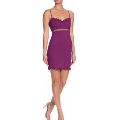 - Fabric: 68% Rayon / 26% Nylon / 6% Elastane, - Lining: 100% Polyester - Zipper Closure - Dry Clean Only - Body Con Fit - Sleeveless Lace Mini Dress With Mesh Cutouts. - Wedding Guest, Cocktail Dress, Summer Dress. - Length: 26 1/2" - Purple - New Without Tags, Never Been Worn - Size: Medium Chic Sheath Mini Dress With Lace Trim, Date Night Knee-length Mini Dress With Lace Trim, Bodycon Dress With Lace Trim For Date Night, Date Night Bodycon Mini Dress With Lace Trim, Purple Bodycon Midi Mini Dress, Lined Sheath Mini Dress For Cocktail, Date Night Sheath Dress With Lace Trim, Sheath Dress With Lace Trim For Date Night, Flirty Purple Bodycon Dress For Spring