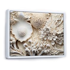 an intricately designed wall panel with white flowers and leaves on the bottom, against a white background