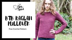 a woman wearing a purple sweater standing in front of a sign that says, b tb ragi pullover free crochet pattern