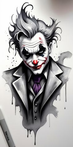 a drawing of the joker with paint splattered on it's face and tie