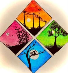 four different colored squares with trees and birds