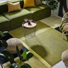 a living room with green couches and rugs