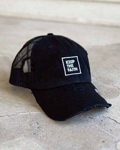 "Keep The Faith" trucker distressed hat with mesh and snapback. Merch Hat, Church Merch, Adidas Snapback, Black Trucker Hat, Church Shirt, Distressed Hat, Keep The Faith, Deep Pink, Toddler Tees