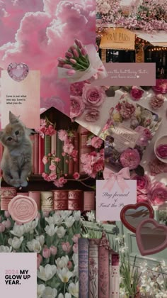 a collage of pink and white images with flowers, books, hearts, and cats