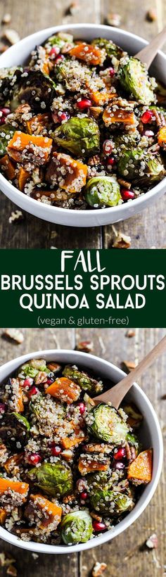 two bowls filled with brussel sprouts and quinoa salad