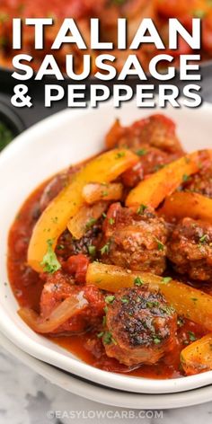 italian sausage and peppers in a white bowl on a marble table with text overlay