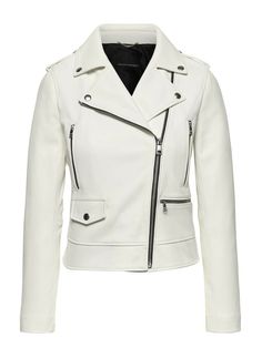 Banana Republic Leather Moto Jacket White (FIRST PICTURE) SIZE XS #425039   NEW WITH TAGS Retail price $499.00 FIT & SIZING Semi-fitted with a little room through the chest, arms and waist. Long sleeves. Hits at the high hip. Center back length (size S): Regular 19" Sleeve length: Regular 32" Model: Size XS, 5'10" (178cm). PRODUCT DETAILS A forever favorite moto-jacket in soft leather adds instant edge to any outfit. Notch lapel. Long sleeves with exposed metal zips at cuff. Exposed metal zip-fr Jacket Closet, Purple Leather Jacket, Motorcycle Jackets, Chic Coat, Jackets Women, Girls Top, Birthday List, Anorak Jacket, Purple Leather