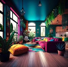 a living room filled with lots of colorful furniture