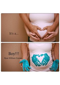 two pictures of pregnant women with hands on their stomach and the words it's a boy