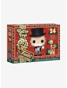 a box with an image of a man wearing a top hat and holding a candy cane