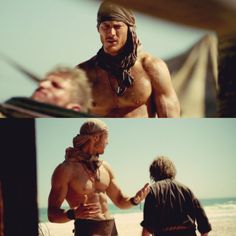 two pictures of the same man in different outfits and one with no shirt on, standing next to each other