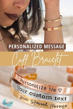 A personalized cuff bracelet that's perfect for stacking and adding a fun message or name to! The handmade cuff comes in gold, silver, or rose gold, and it makes the perfect personalized jewelry gift for her that will go with any outfit. Add a special custom message to your bracelet and gift it to your bridesmaids, girlfriend, mom and more! #cuffbracelet #handmadebracelet #bridesmaidgifts #bridesmaidgiftideas #bohochicstyle Cheap Personalized Women's Cuff Bracelet, Personalized Metal Cuff Bangle Bracelet, Adjustable Personalized Rose Gold Cuff Bracelet, Adjustable Personalized Metal Cuff Bracelet, Personalized Inspirational Silver Cuff Bracelet, Sterling Bracelets, Handmade Gifts For Her, Gold Bracelet Cuff