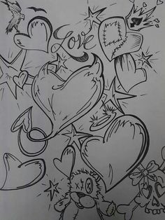 a drawing of some cartoon characters with hearts and stars on their chest, in black ink