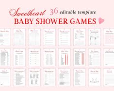 the baby shower game is shown in red and pink